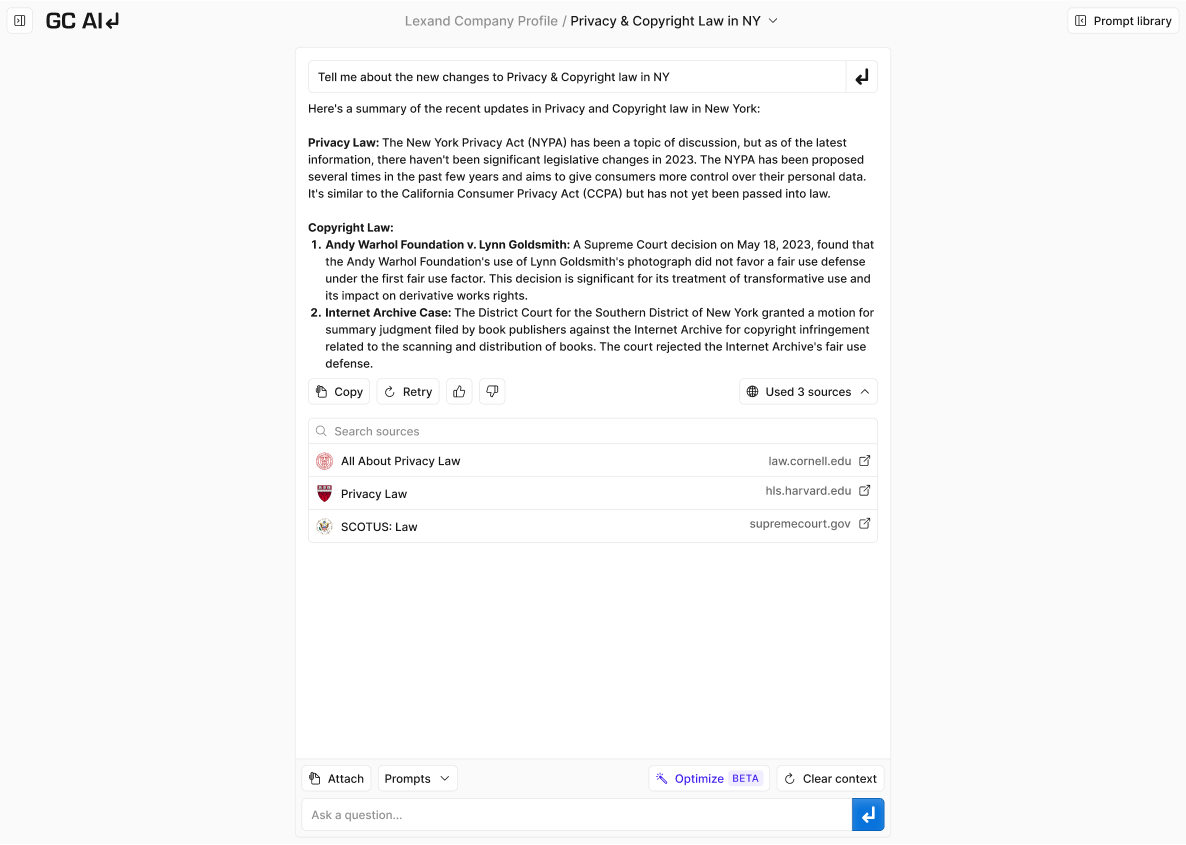 A conversation between a user and the AI chatbot, with the sources of the generated answer displayed