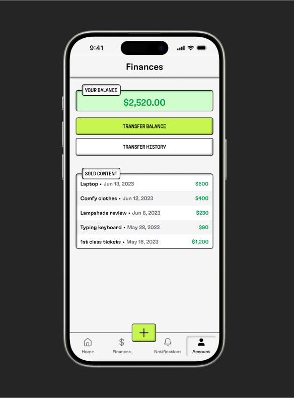 A phone showing the Finances page of the Hyperform app
