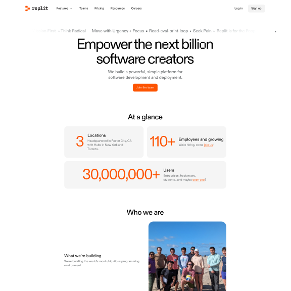 Hero section of the Replit About marketing page