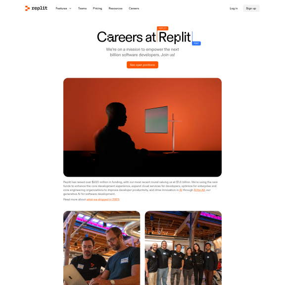 Hero section of the Replit Careers marketing page