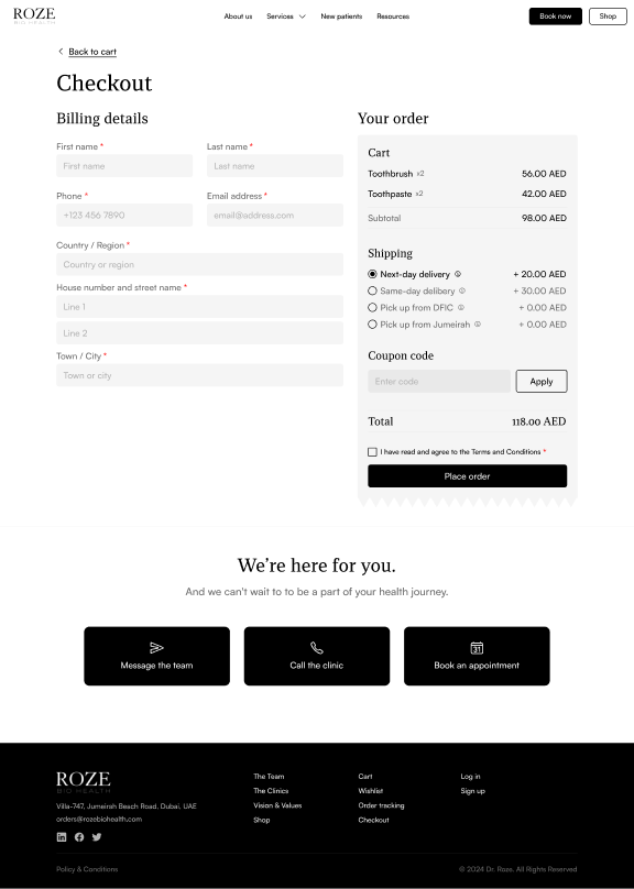 Checkout page containing the user's order and forms, as well as a footer