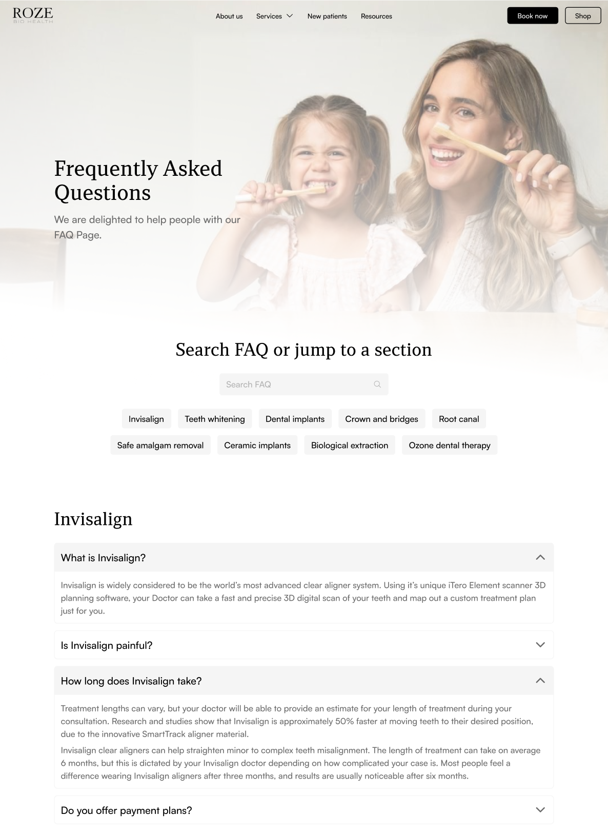 Hero section of FAQ page displaying a search bar, categories, and a list of accordion questions