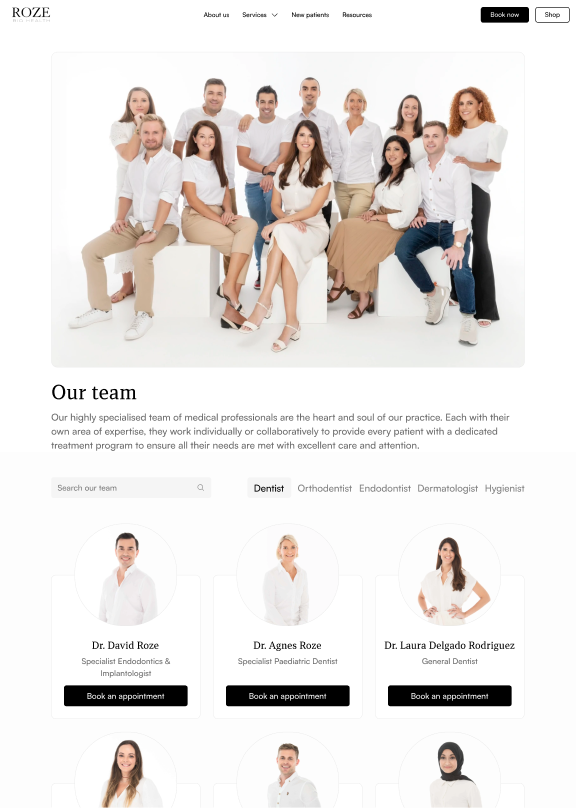 The Team page of ROZE Clinics, showing a group of smiling people and then headshots of the team