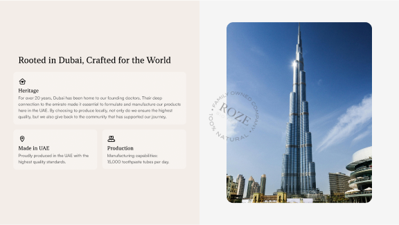A pitch deck slide with an image of Dubai and text explaining the origins of the company